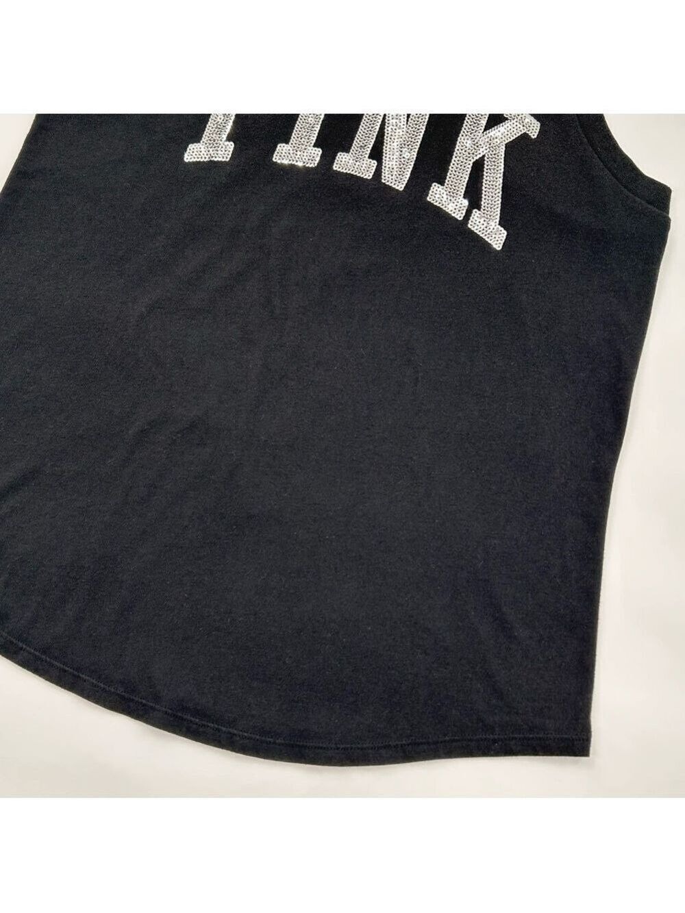 Victoria's Secret PINK Black Sequin Logo Racerback Tank Top Small - Picture 5 of 11